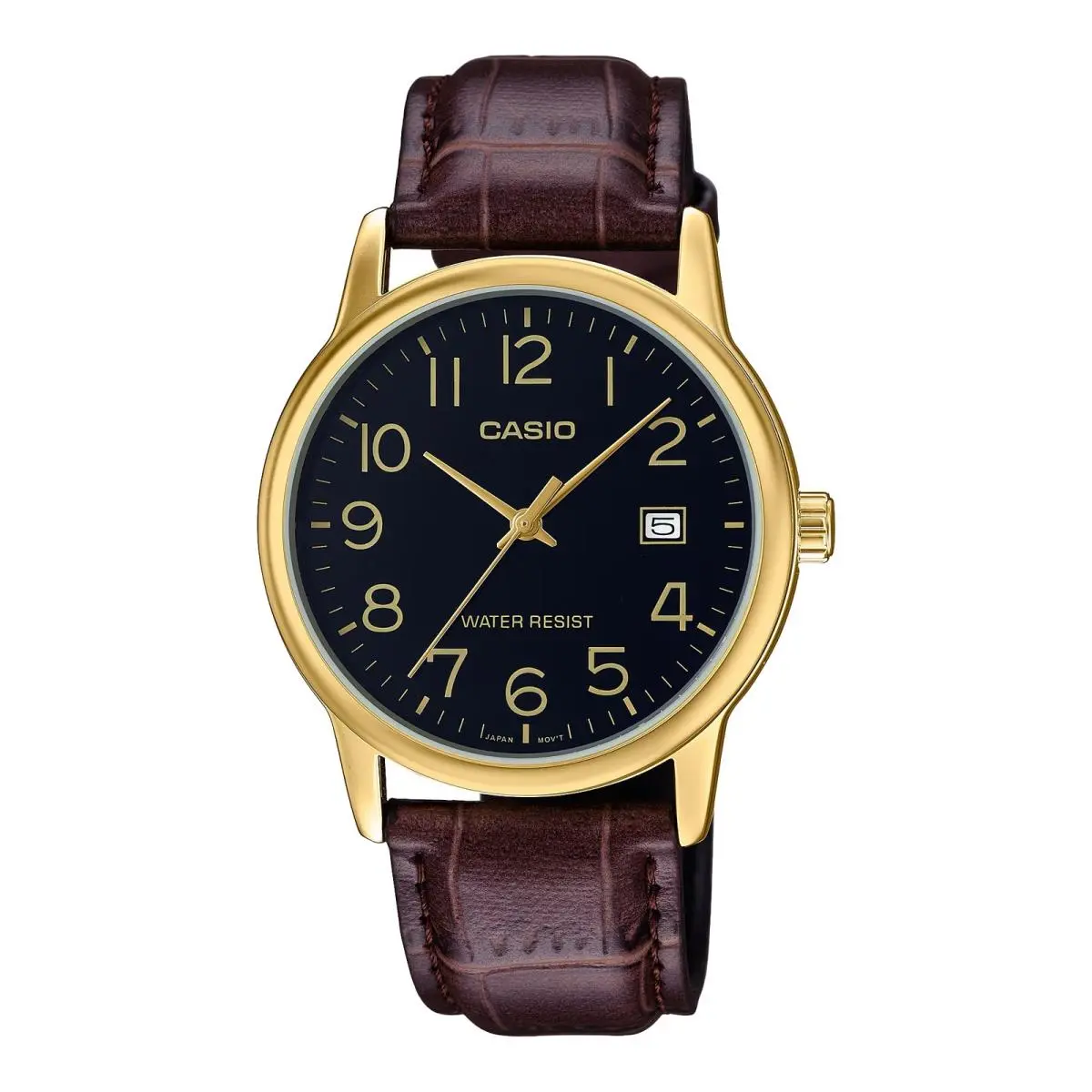 Casio Men’s Gold Watch with Black Dial and Brown Leather Band