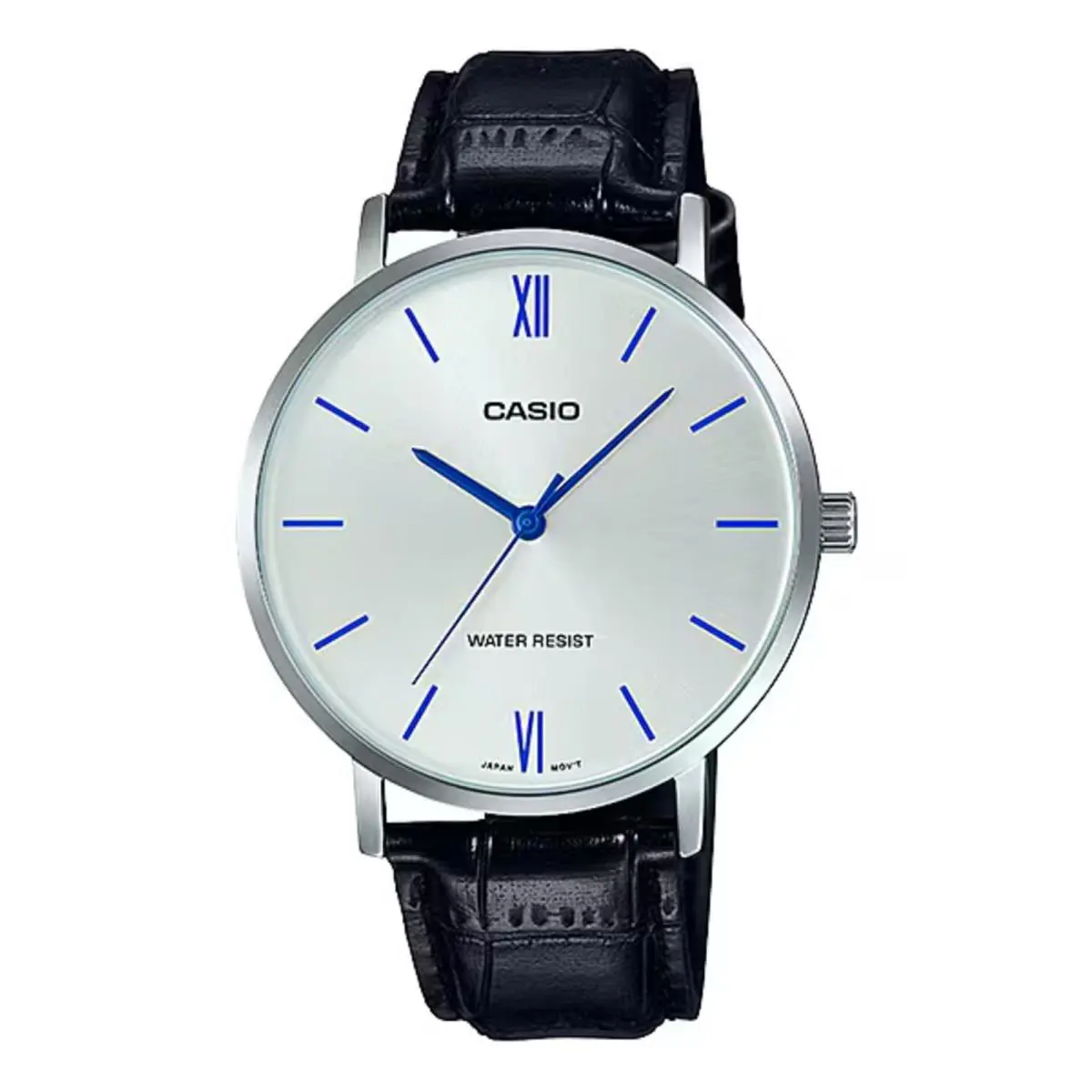Casio Men s Silver Analog Watch with Blue Accents and Leather Strap