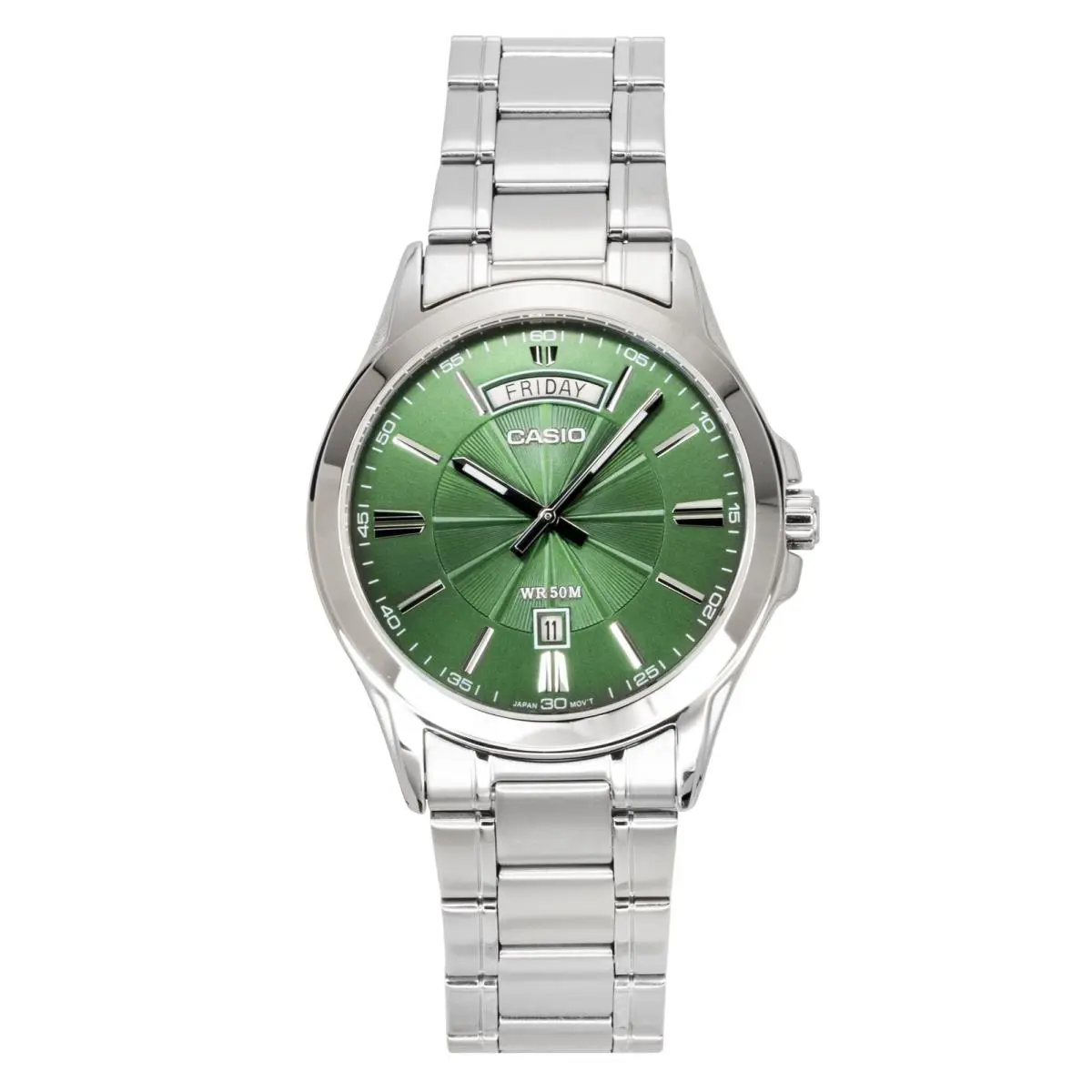 Casio MTP1381D-3AV Men`s Vintage Classic Stainless Steel Green Dial Analog Watch - Dial: Green, Band: Silver, Bezel: Silver