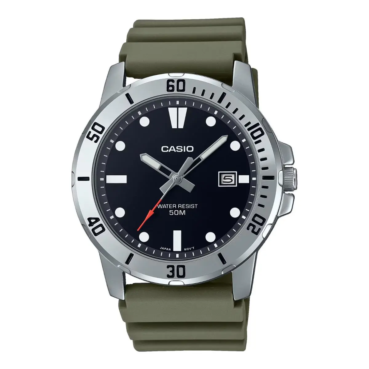Casio MTP-VD01-3EV Men`s Enticer Green Resin Band Black Dial 50M WR Sports Watch - Dial: Black, Band: Green, Bezel: Silver