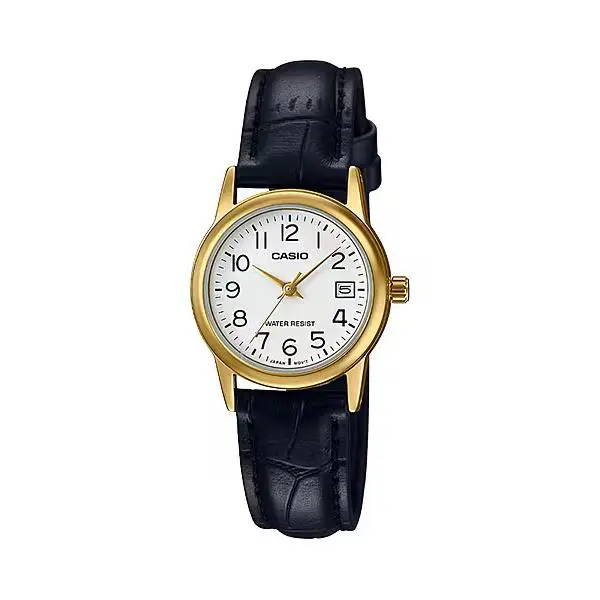 Casio Women’s Gold Watch with White Dial and Black Leather Band