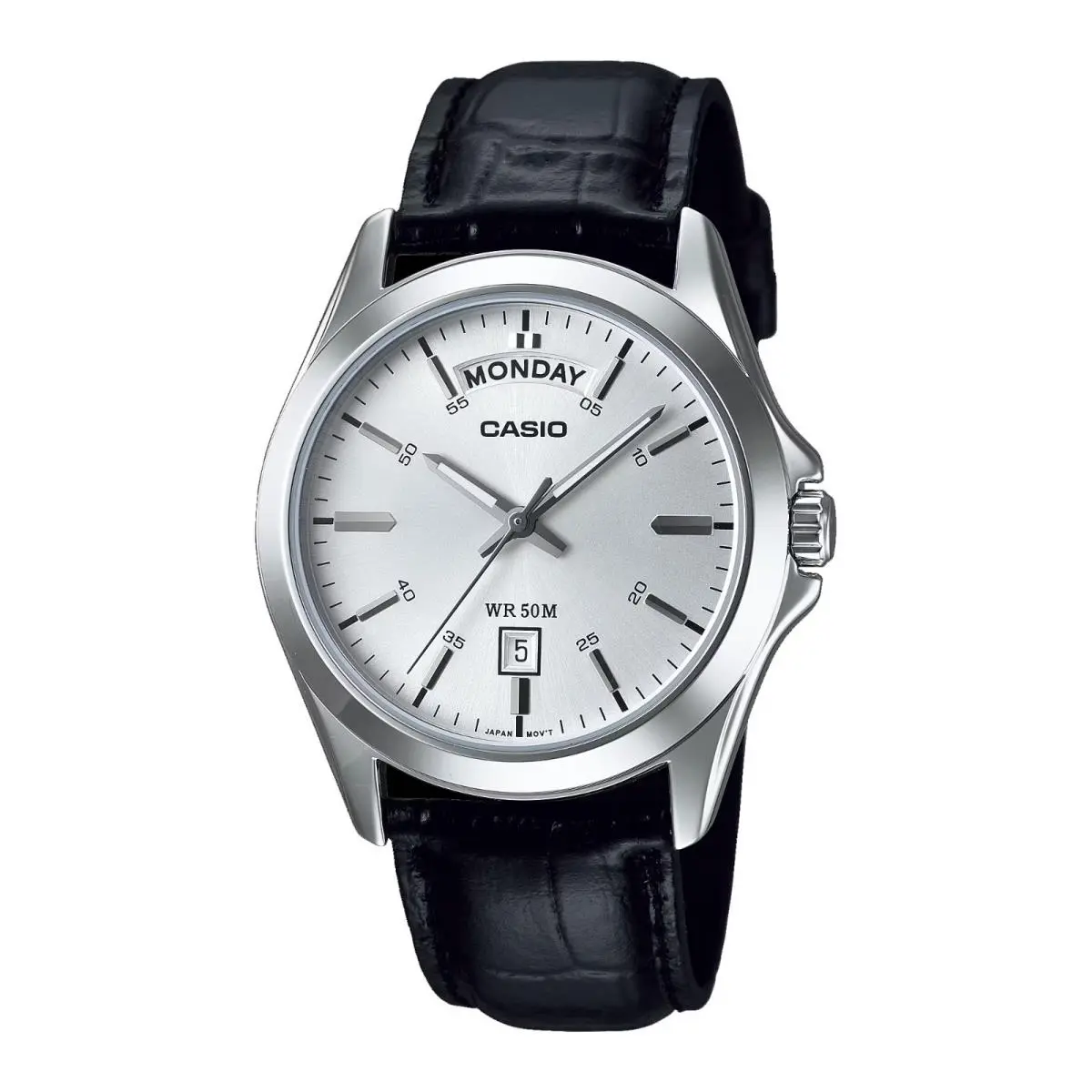 Casio MTP1370L-7AV Men`s Vintage Classic Silver Dial Leather Band Day Date Watch - Dial: Silver, Band: Black, Bezel: Silver