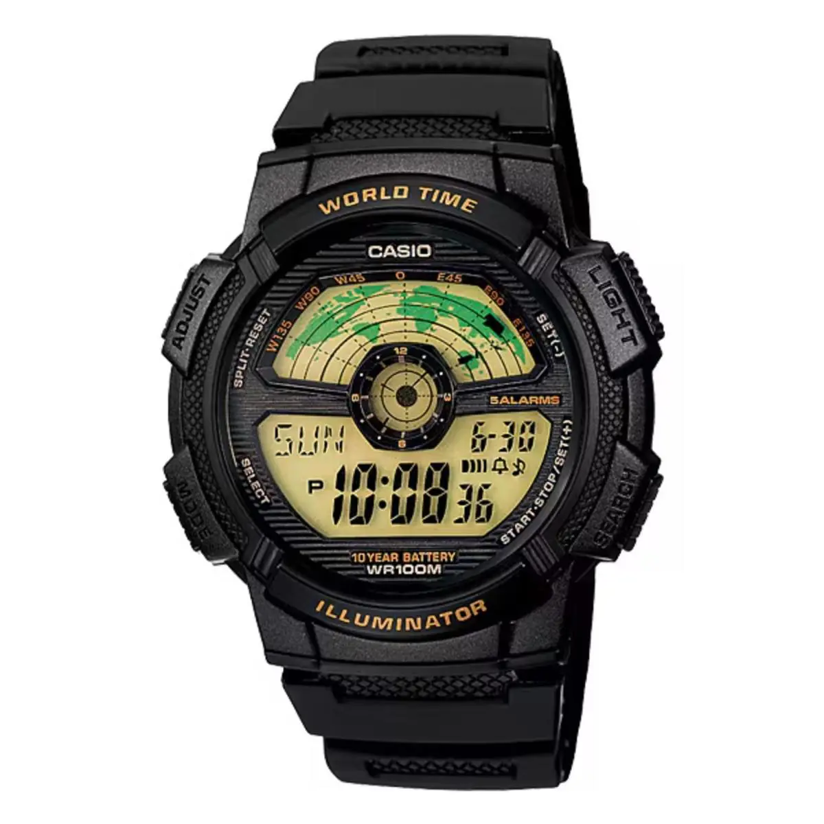 Casio Men s Black Digital World Time Watch with Gold-tone Display