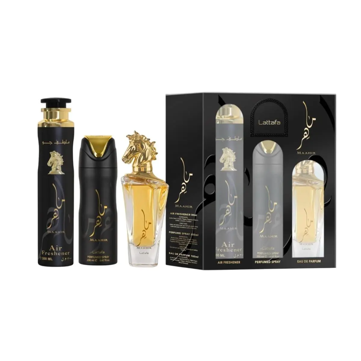 Lattafa Maahir For Unisex 3 Piece Gift Set 3.4 Fl Oz Edp + 6.67 Fl Oz Deo + - Black/Clear