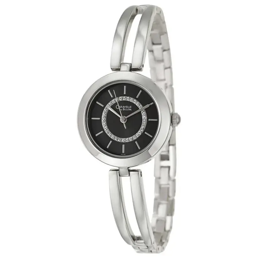 by Bulova 43L152 Crystal Accented Black Dial Stainless Ladies Watch by Caravelle