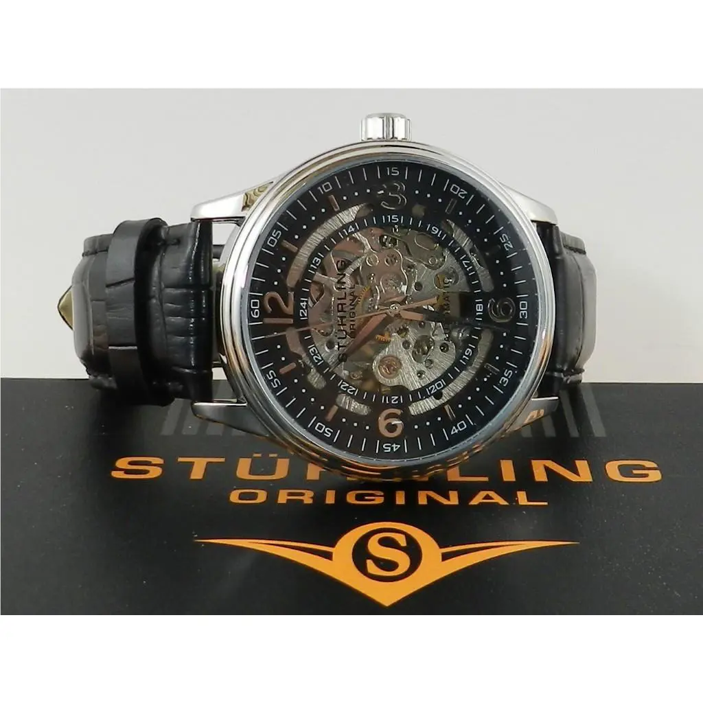 Stuhrling Men`s Legacy Black Leather Black Dial 44mm Round Watch
