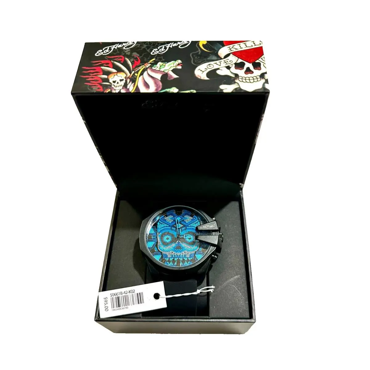 Men`s Matte Black Silicone Strap Analog Watch Blue Skull 53mm by Ed Hardy
