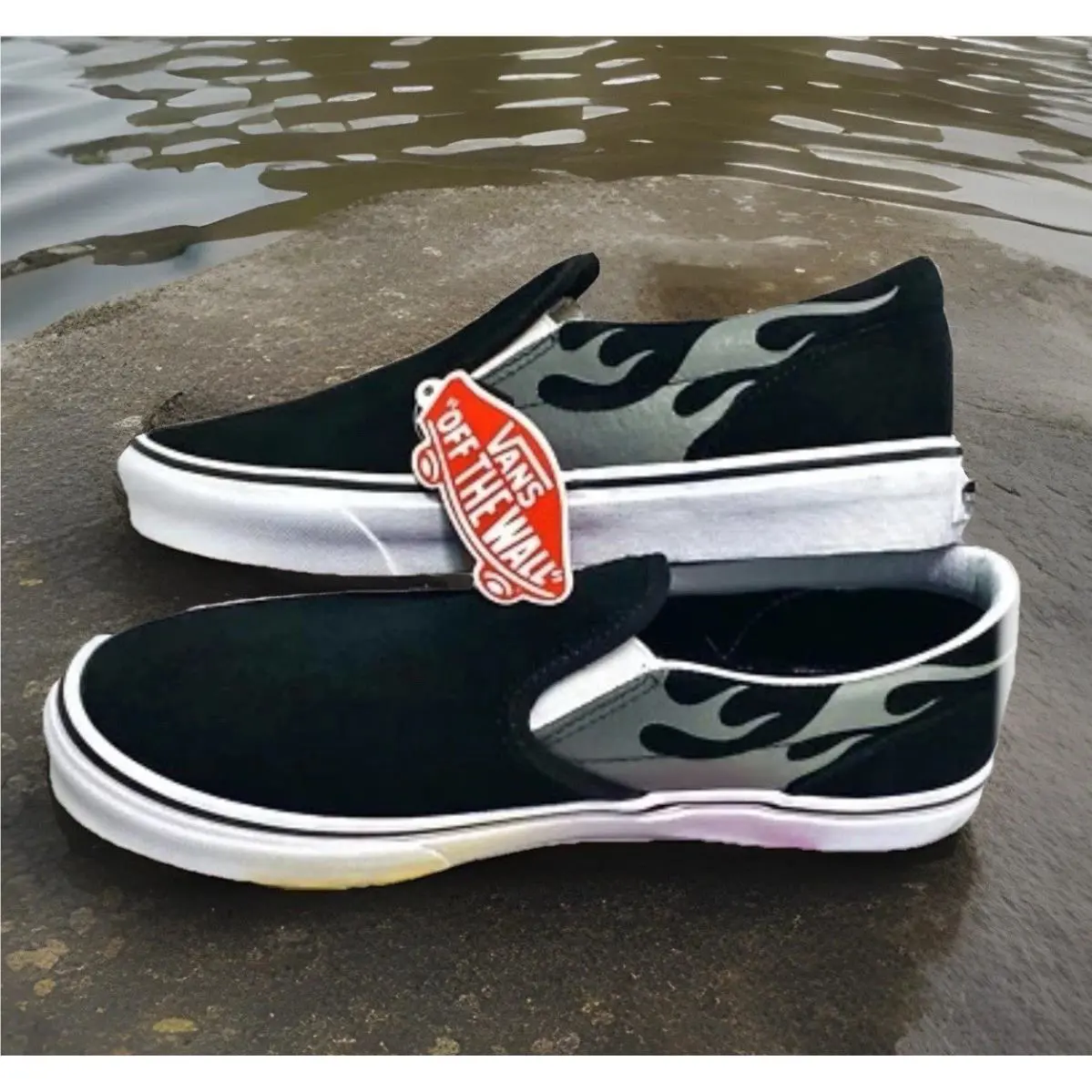 Vans shoes - Vans Slip On Black Suede Flame - Black With Silver Flames (UPC: 0194113597585) 0
