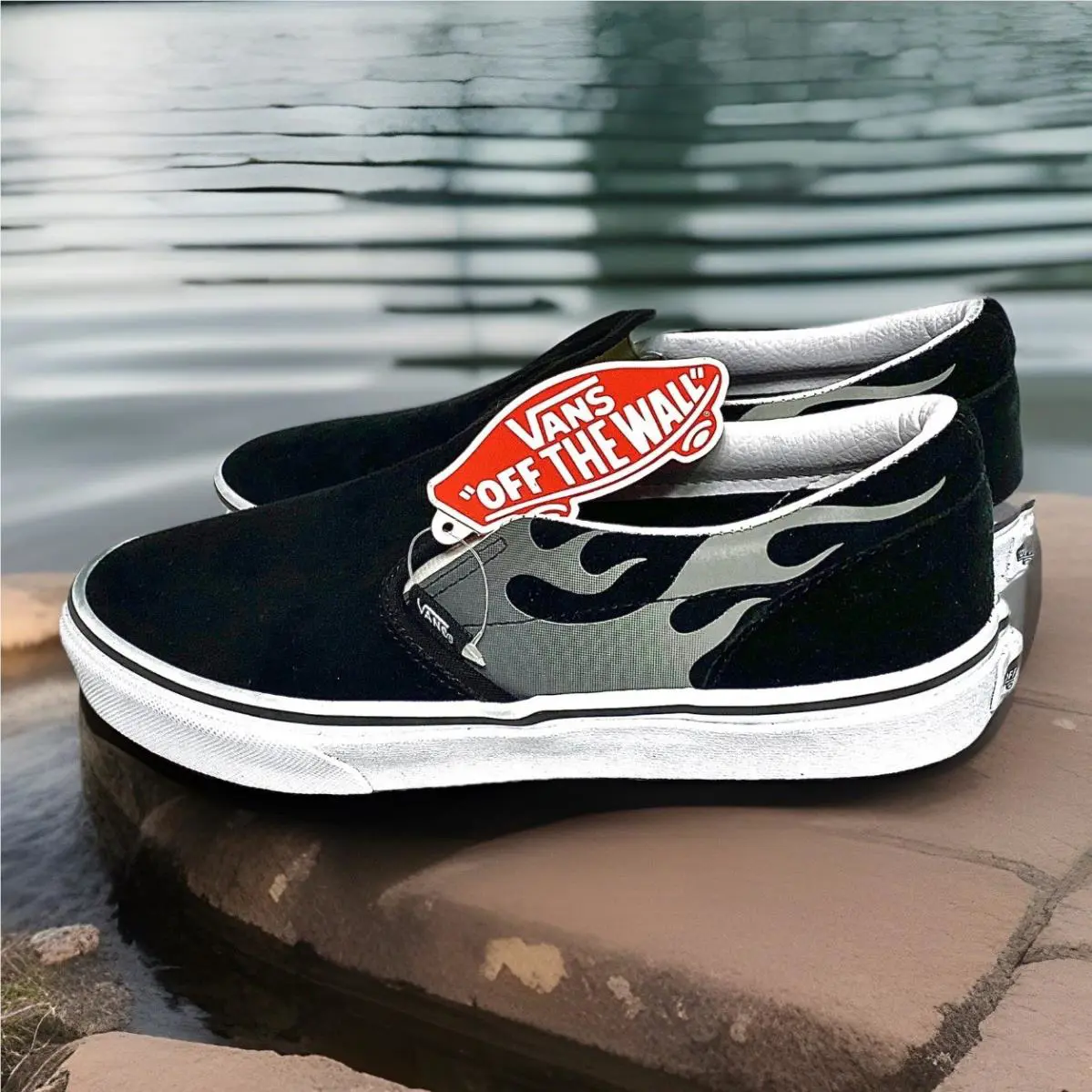 Vans shoes - Vans Slip On Black Suede Flame - Black With Silver Flames (UPC: 0194113597585) 6