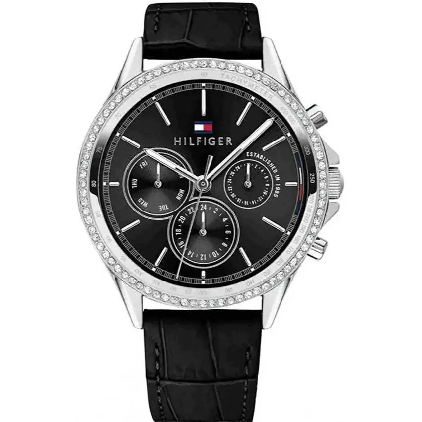 Tommy 1781981 Hilfiger Ari Diamonds Black Dial Leather Strap Watch For Women