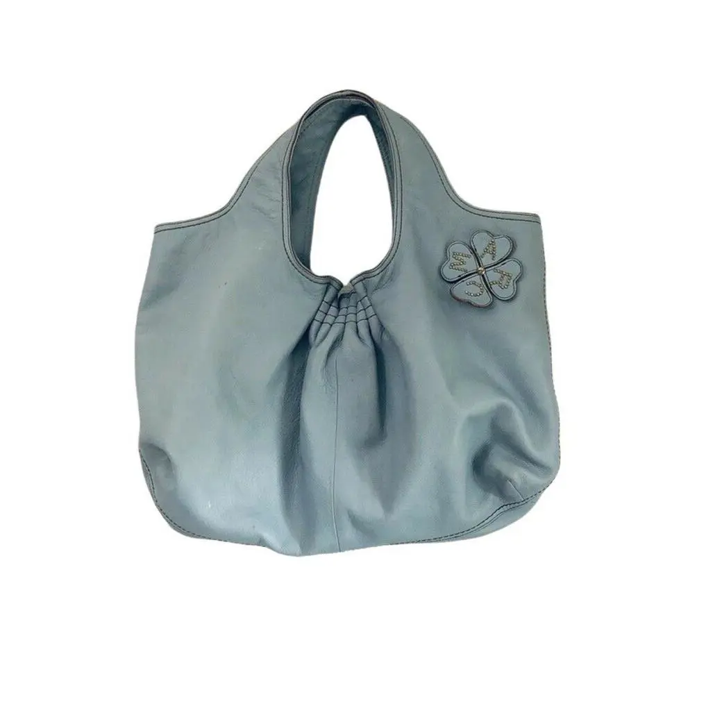 Marc Jacobs Blue Pebbled Soft Leather Hobo Bag Floral Applique Purse