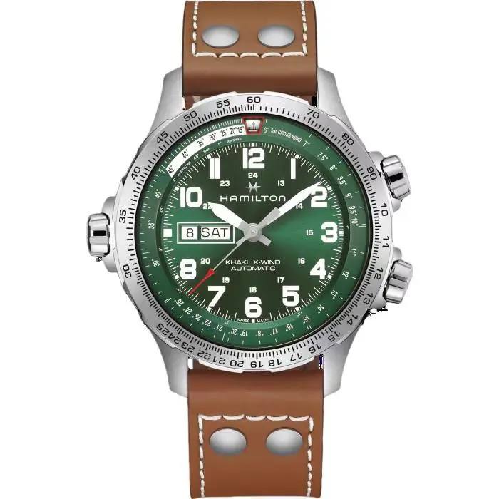 Hamilton Khaki Aviation X-wind 45mm Green Dial Leather Men`s Watch H77735560 - Dial: Green, Band: Brown, Bezel: Brown