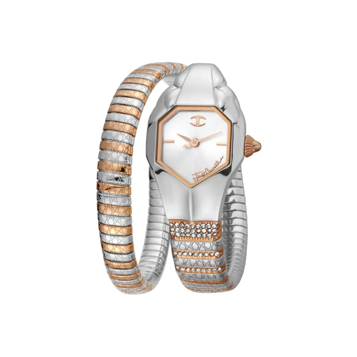 Just Cavalli Women`s JC1L113M0055 Signature Snake 22mm Quartz Watch - Dial: Silver Tone, Band: Silver Tone, Other Dial: Silver