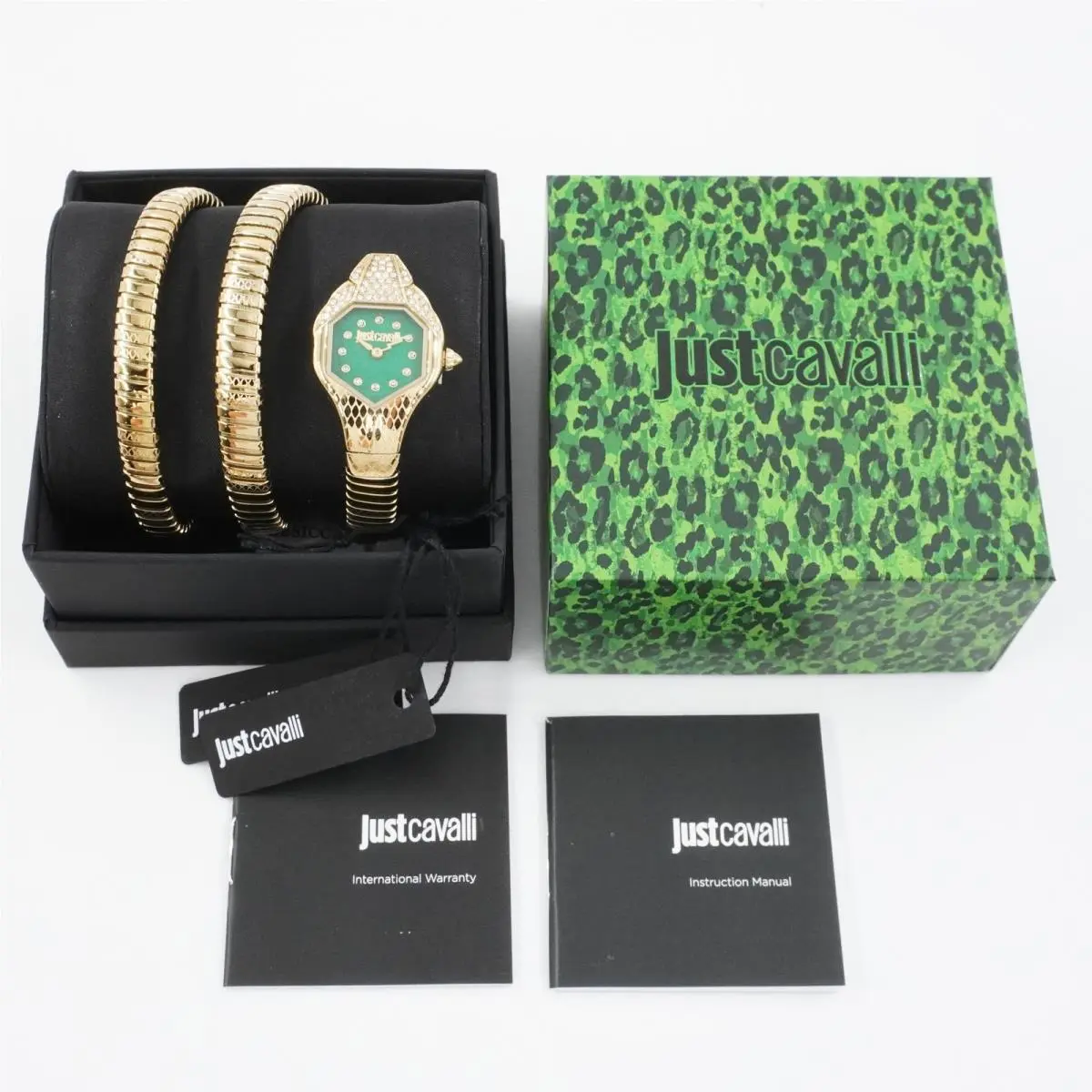 Just Cavalli Glam Evo 7 Doppio Quartz Watch in Gold with Green Dial JC1L193M0035