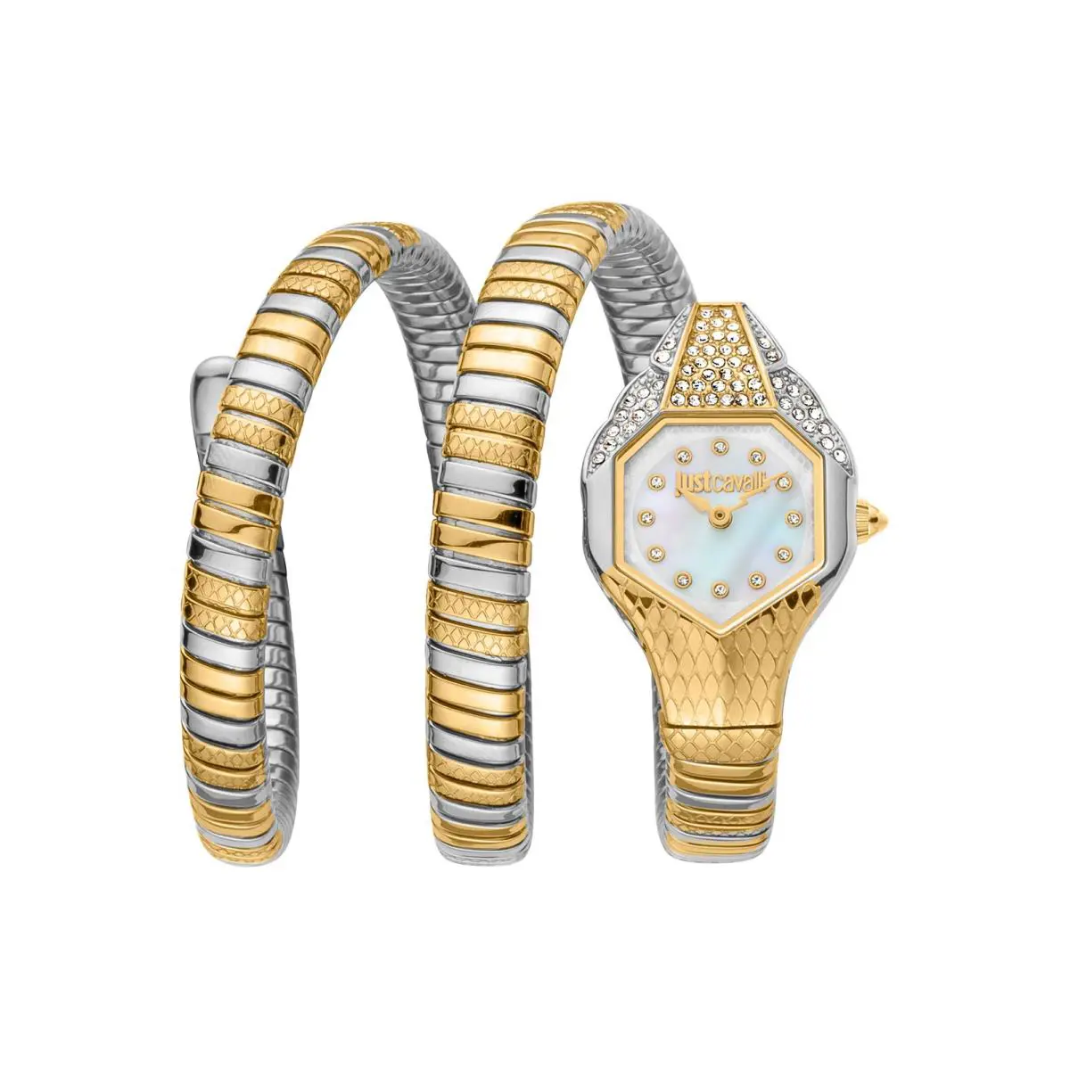 Just Cavalli Snake Women`s JC1L193M0055 Signature Snake Gold Silver Watch - Dial: White, Silver, Band: Gold, Silver, Bezel: Silver