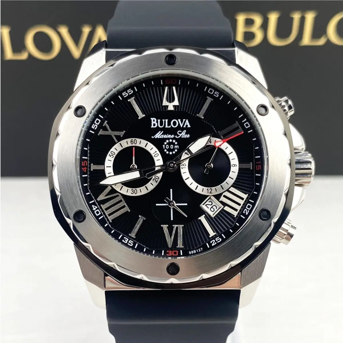 Marine Star 98B127 Men`s Watch 44mm Black Dial Black Rubber Strap Quartz by Bulova