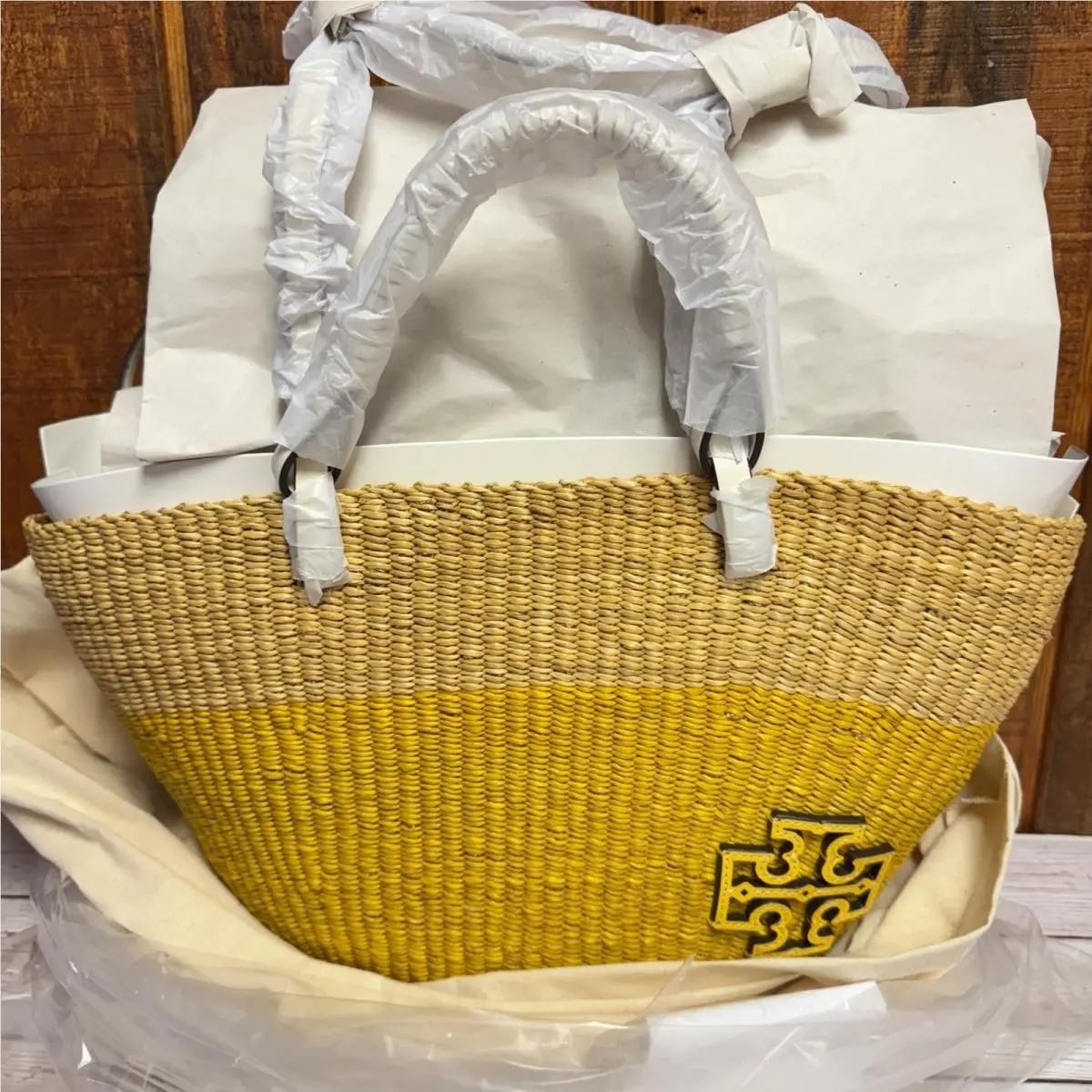 Tory Burch Women`s Small Ella Straw Striped Basket Tote - Natural/banana Yellow