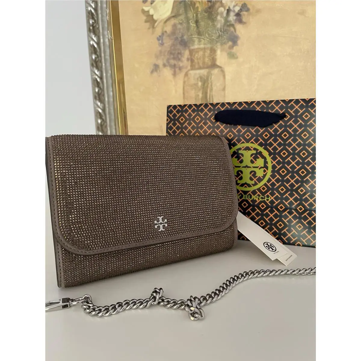 Tory Burch Emerson Chain Wallet Crossbody Sparkling Handbag 170159 Dark Clay