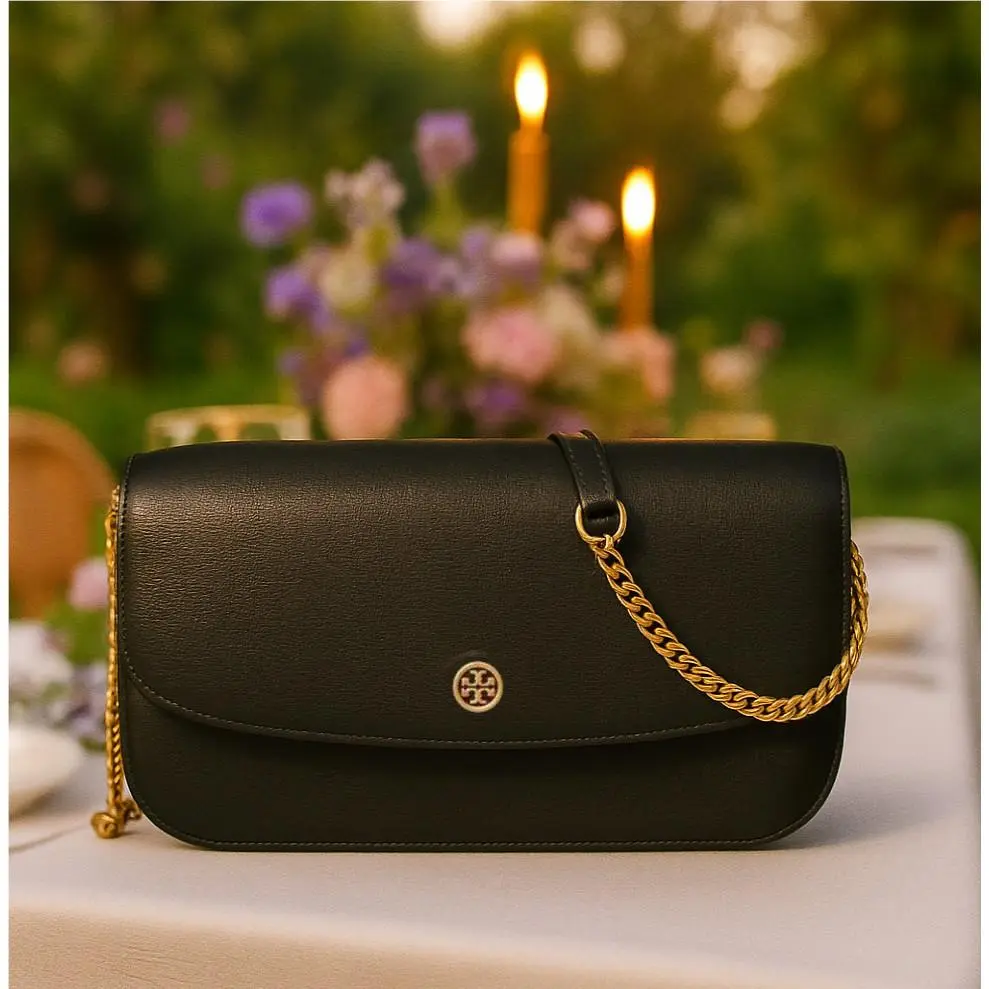 Tory Burch Robinson Black Leather Chain Wallet/mini Shoulder/crossbody Bag