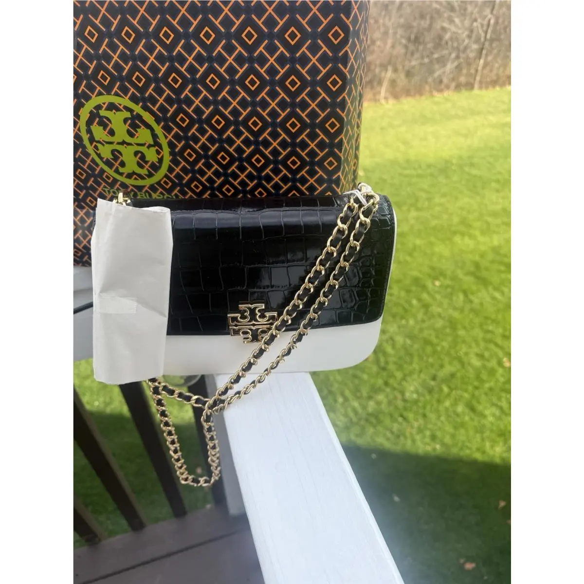 Tory Burch Britten Croc Embossed Black Leather Bag.100% Authentic.$598.00