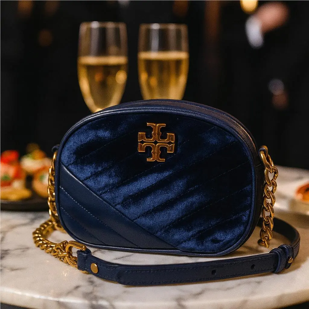 Tory Burch Kira Chevron Harbor Blue Velvet Small Camera Bag/crossbody Bag