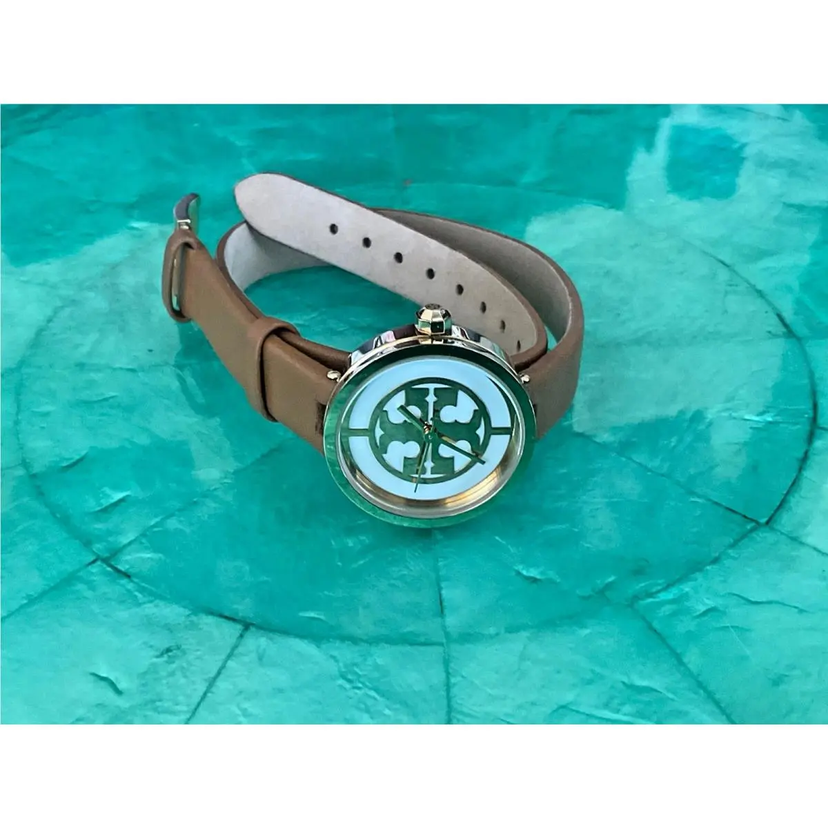 Tory Burch Reva Gold / Brown White Logi Dial Double Wrap Leather Watch TBW4018