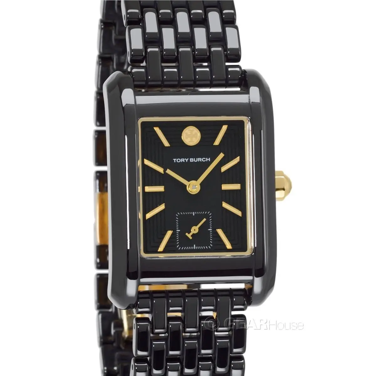 Tory Burch Eleanor Womens Ceramic Watch Rectangular Black Dial w/ Gold Accents