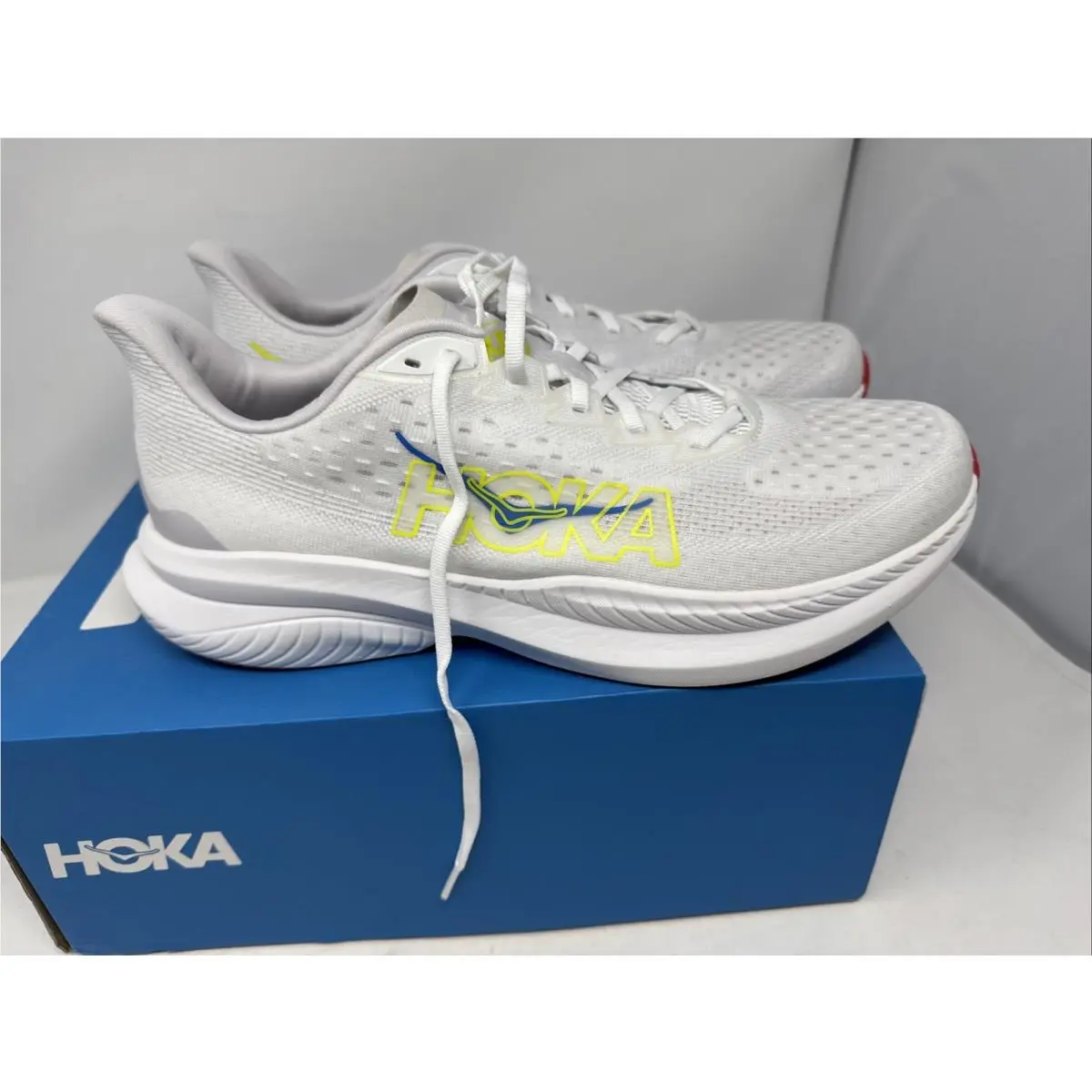 Hoka One One Mach 6 Mens 12.5 D White Blue Yellow 1147790-WNCL Running Shoe