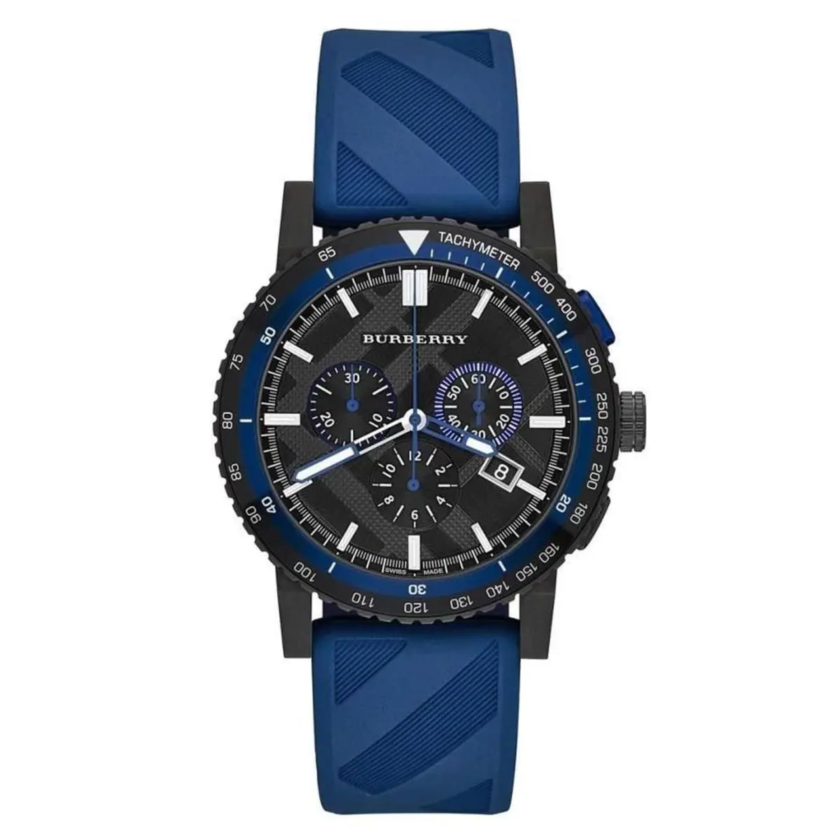 Burberry BU9807 42mm The City Blue Navy Chrono Rubber Swiss Quartz Mens Watch - Dial: Black, Band: Blue, Bezel: Black, Blue