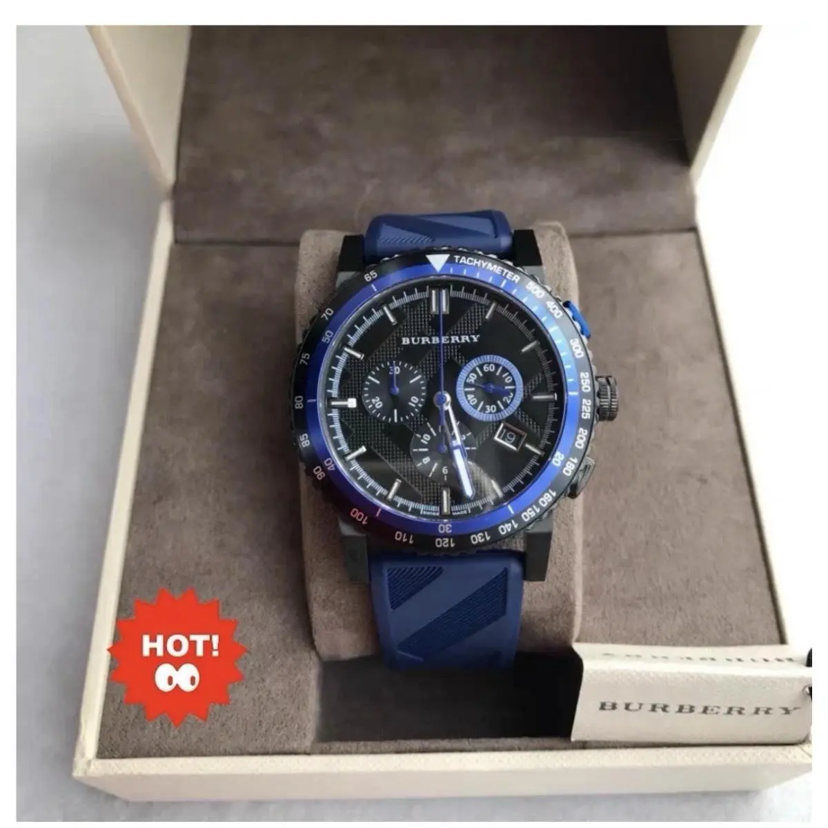 Burberry BU9807 42mm The City Blue Navy Chrono Rubber Swiss Quartz Mens Watch - Dial: Black, Band: Blue, Bezel: Black, Blue
