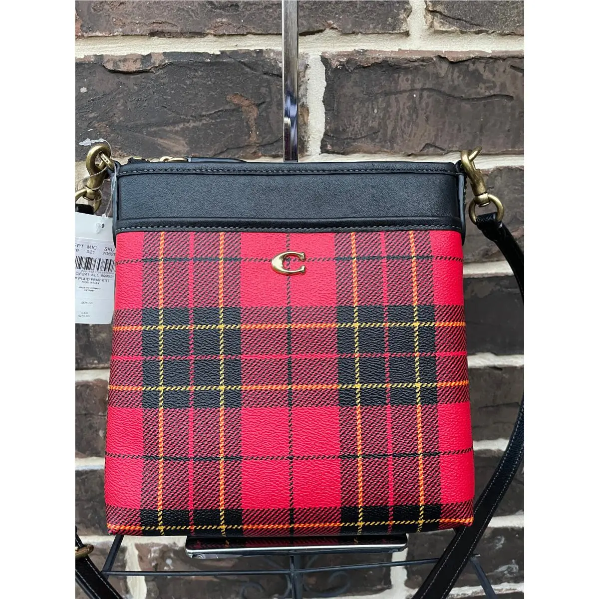 Kitt Crossbody Tartan Plaid Red Black Leather Coated Canvas by Coach