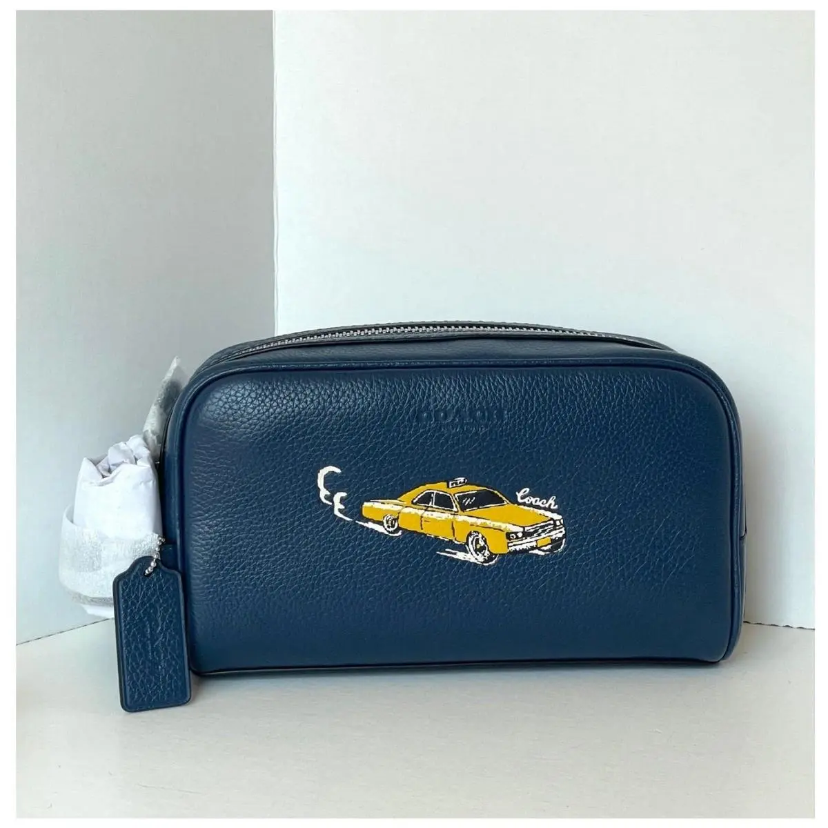 Small Travel Kit CEK63 Blue Pebbled Leather Car Print Toiletry Bag Dopp by Coach