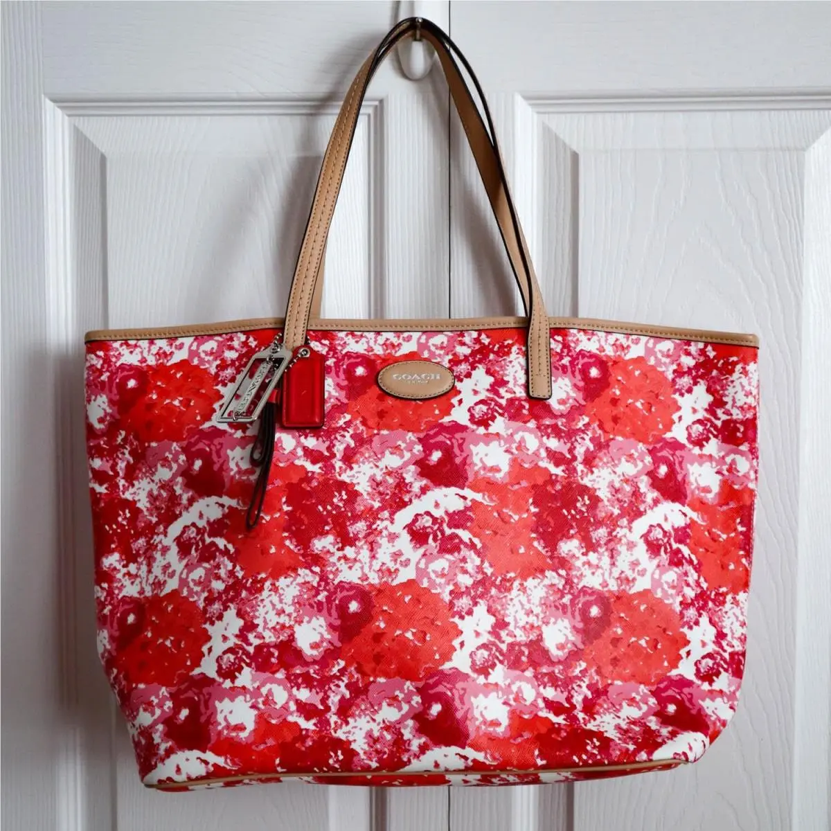 Coach Metro Tote Bag Large Floral Pink Print Coated Canvas Leather Trim F31314