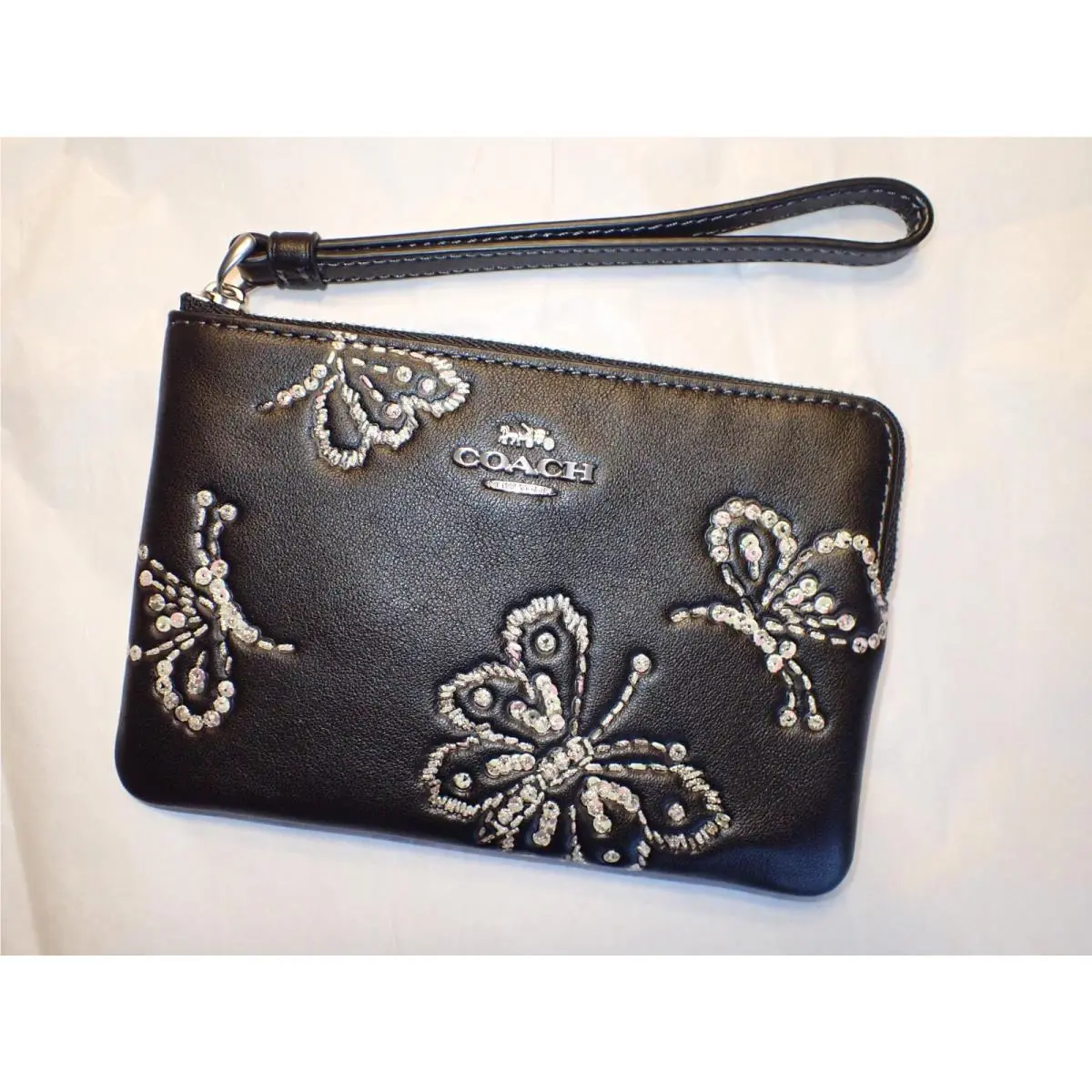 Coach Corner Zip Wristlet CCJ72 Butterfly Leather Black Multi