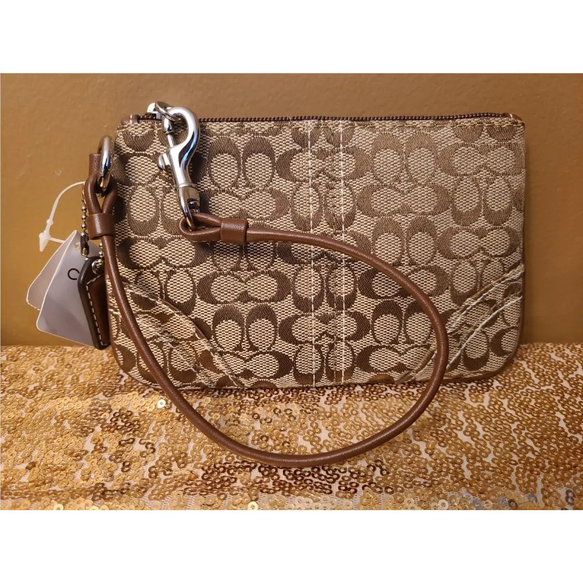 Coach Wristlet Wallet Pouch Signature Khaki / Tobacco 6.5in x 4
