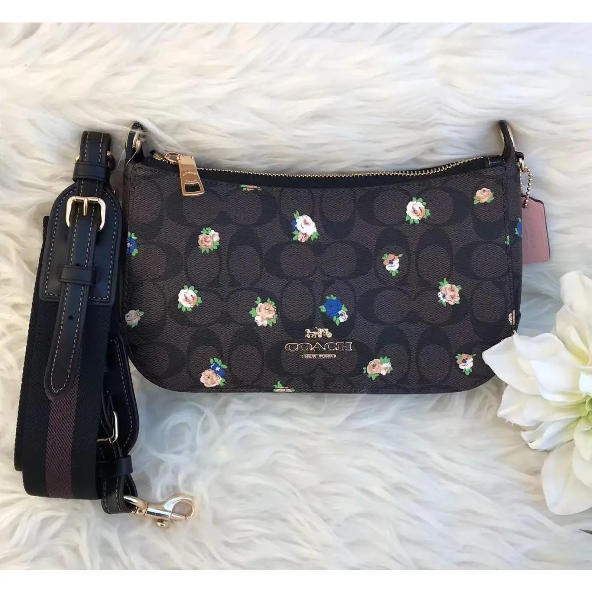 Coach C6823 Jes Baguette Signature Canvas Vintage Rose Floral Brown Black