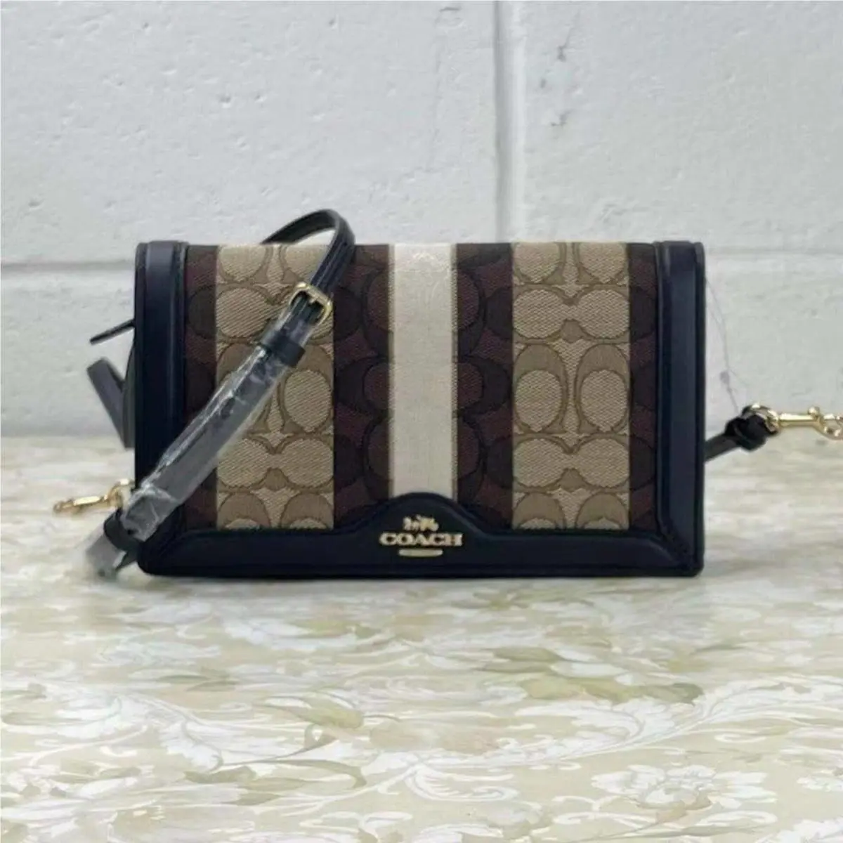 Coach C5884 Women`s Foldover Crossbody Clutch IN Khaki Black Multi