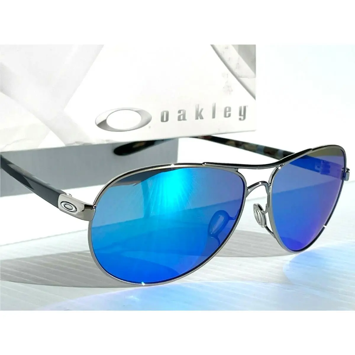 Oakley Feedback Chrome Blue 58m Aviator Galaxy Polarized Rose Gold Sunglass 4079