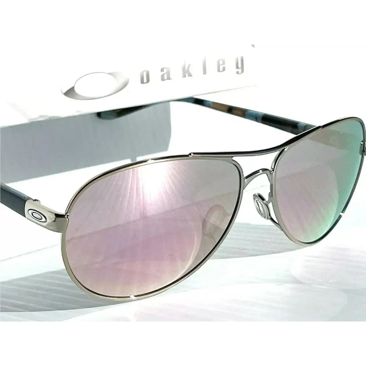 Oakley Feedback Chrome Blue 58m Aviator Galaxy Polarized Rose Gold Sunglass 4079