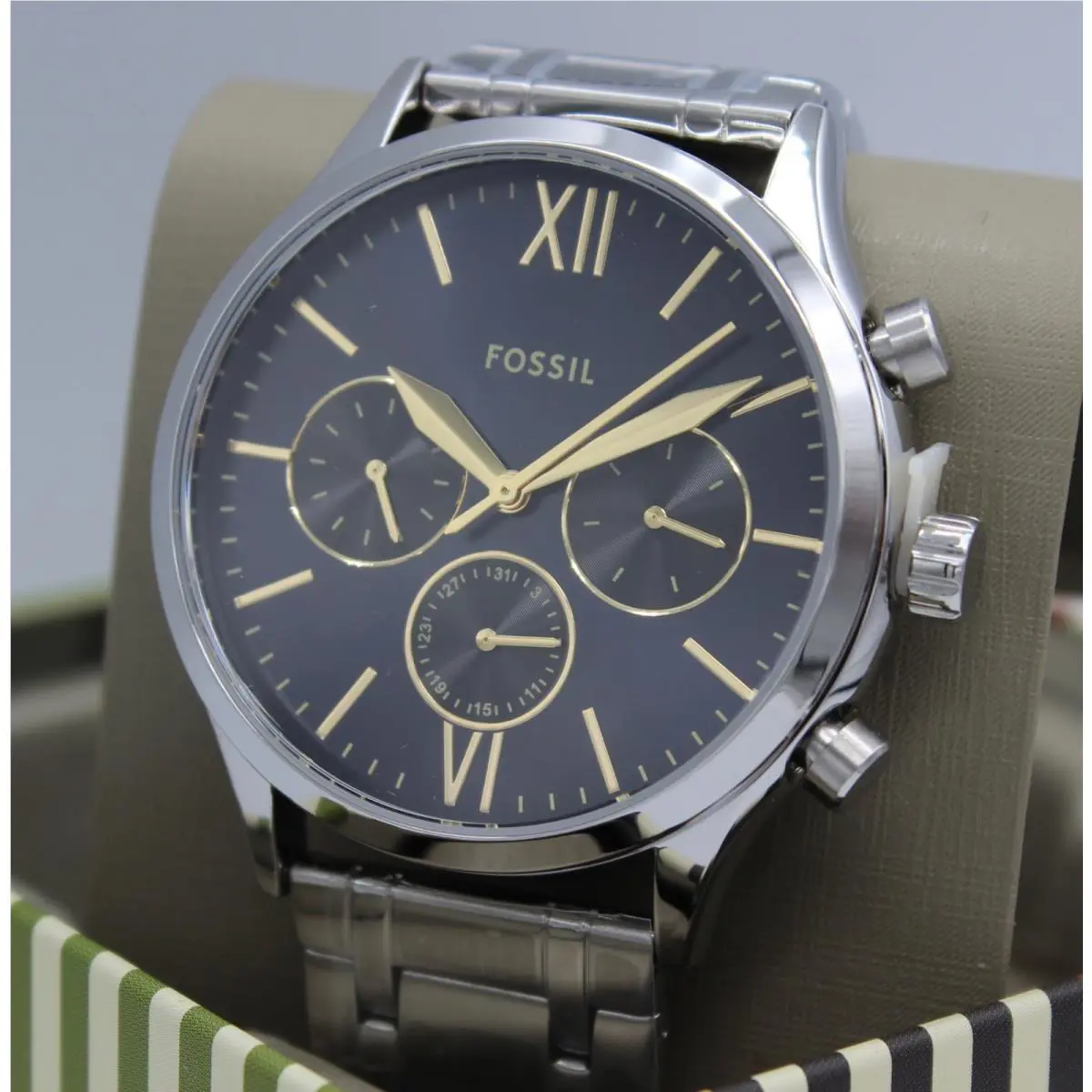 Fossil Fenmore Chronograph Midsize Silver Blue Men`s BQM7102 Watch