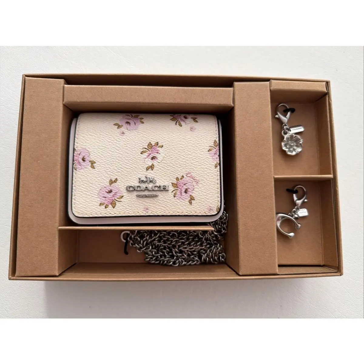 Coach Boxed Mini Wallet On A Chain w/ Floral Print Chalk CAL70 Case Bag
