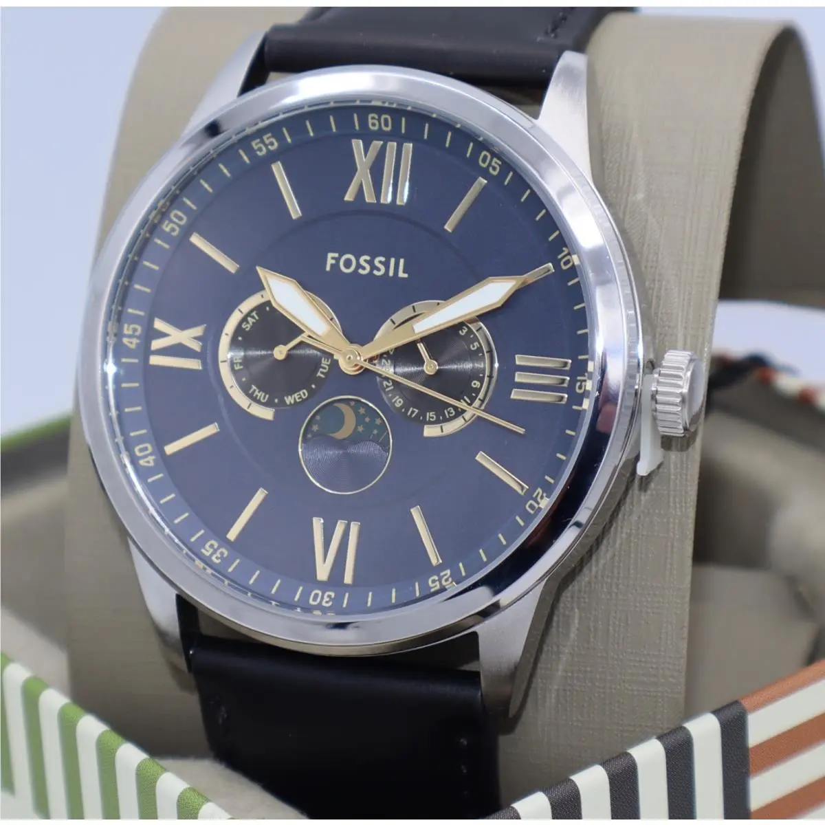 Flynn Silver Navy Black Leather Chrono BQM7100 Men`s Watch by Fossil