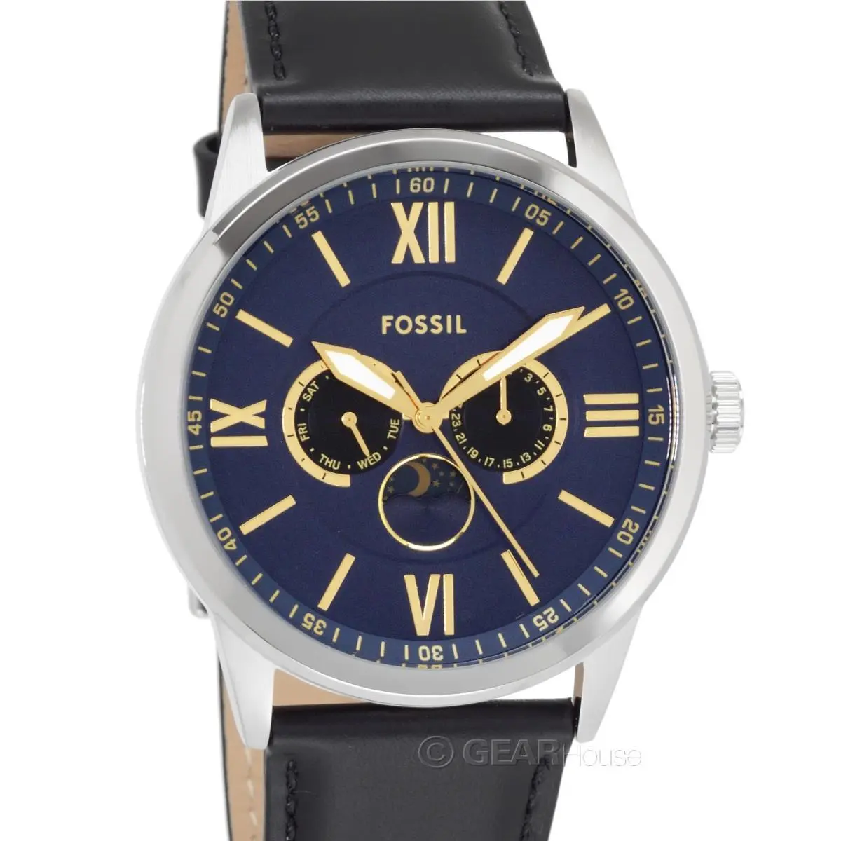 Fossil Flynn Mens Multifunction Watch Blue Dial Day Date Moon Sun Black Leather