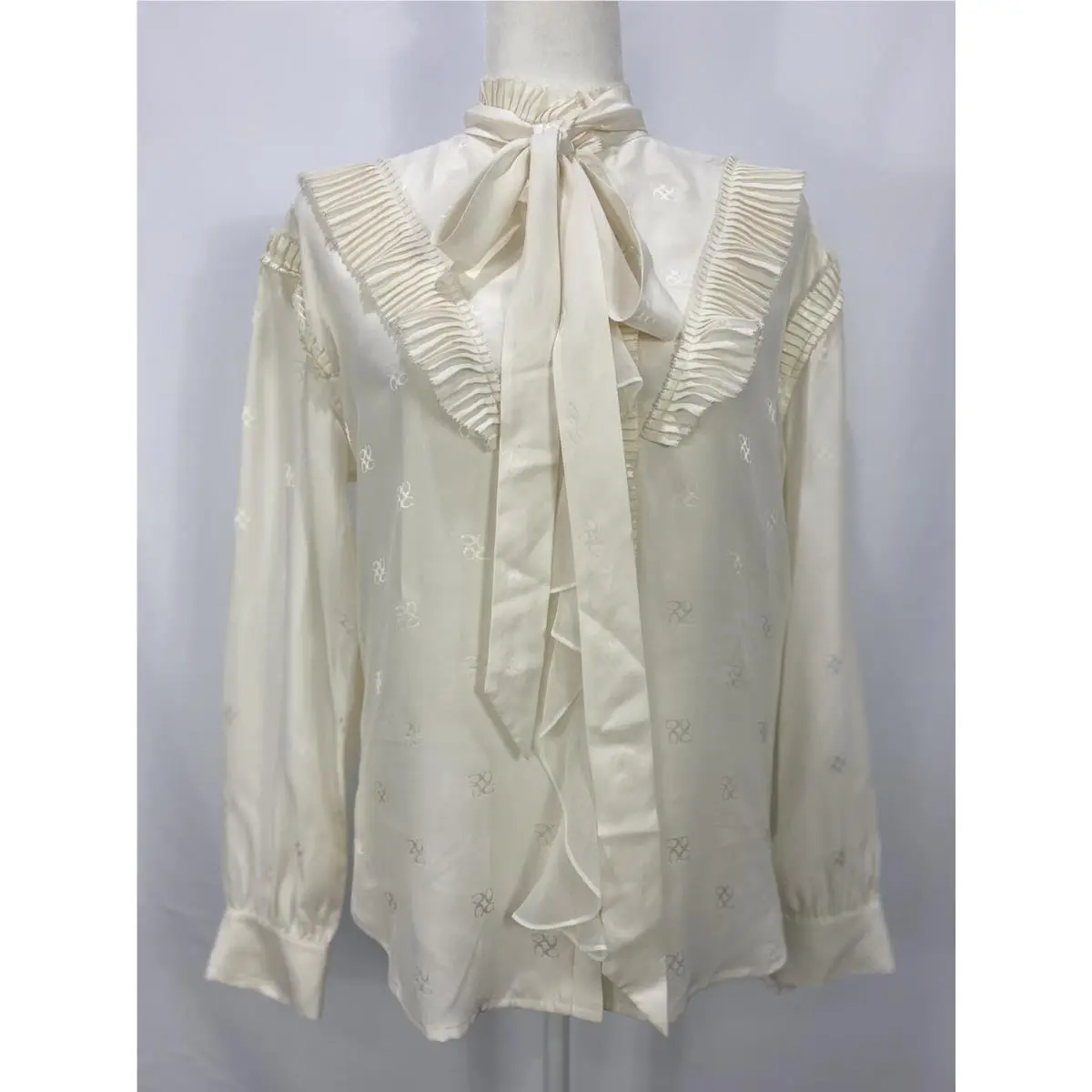 Coach Horse and Carriage Jacquard Gathered Collar Blouse In Cream Women Size 4