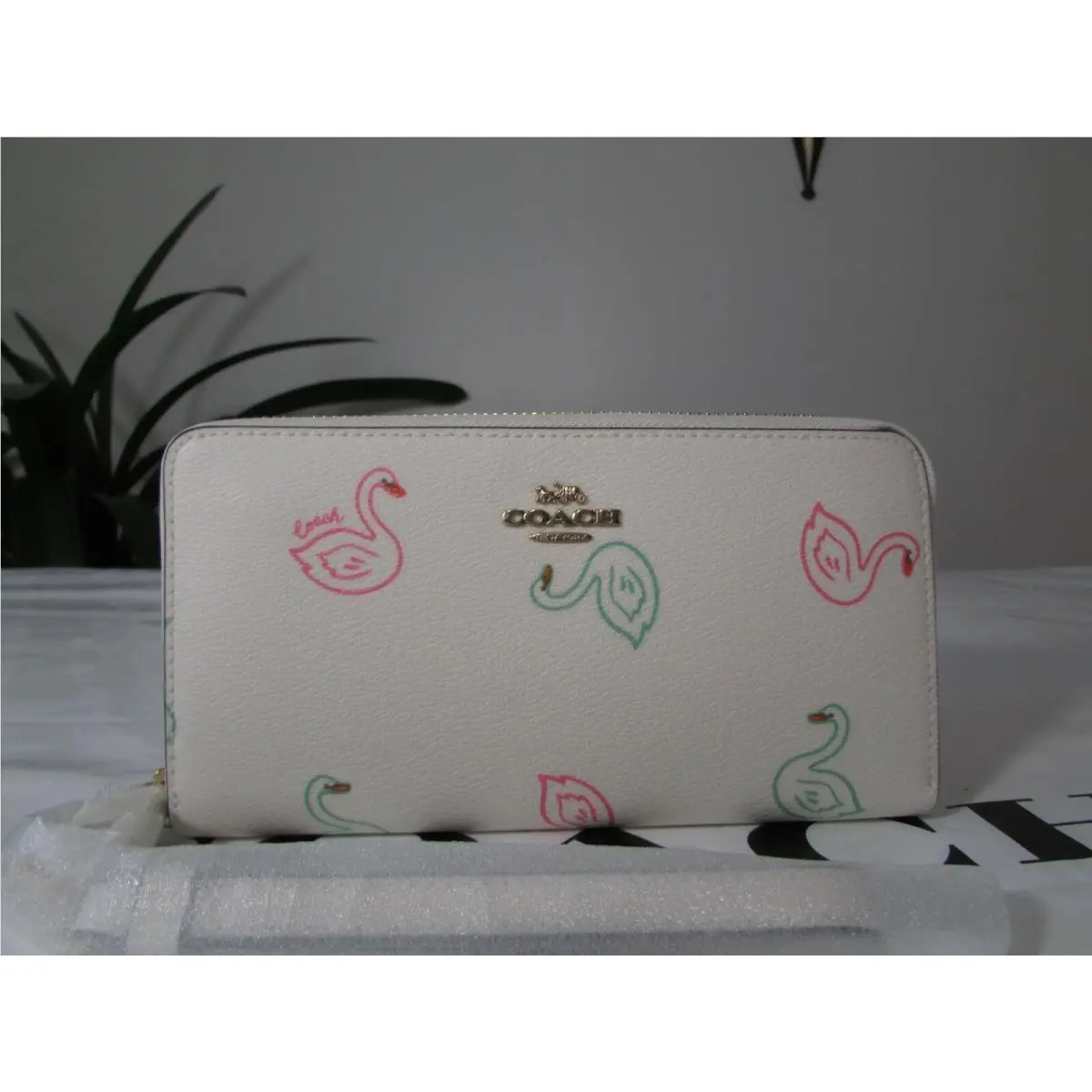 Swan Print Long Zip Around Wallet Wristlet C8384 Chalk Multi by Coach