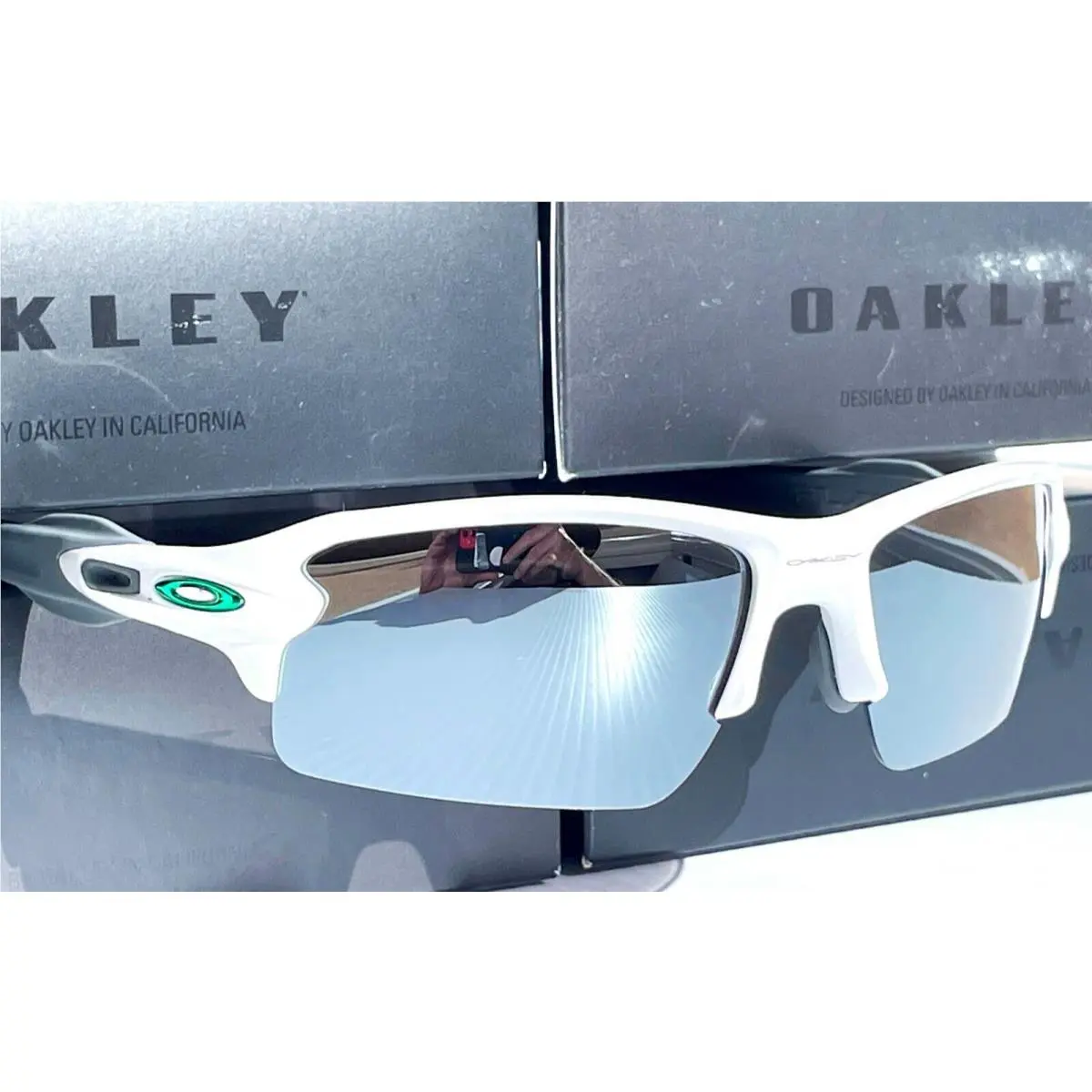 Flak 2.0 White w Green Polarized Galaxy Chrome Iridium Sunglass 9188 by Oakley