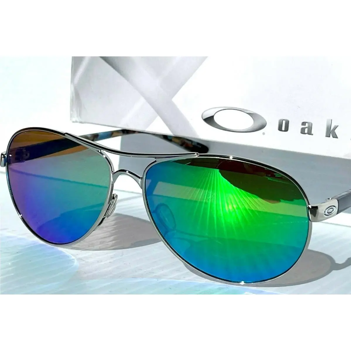 Oakley Feedback Chrome Blue w Polarized Galaxy Jade Green Lens Sunglass 4079