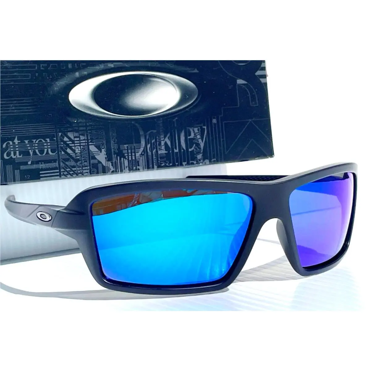 Oakley Cables Matte Black Polarized Galaxy Blue Mirror Lens Sunglass 9129