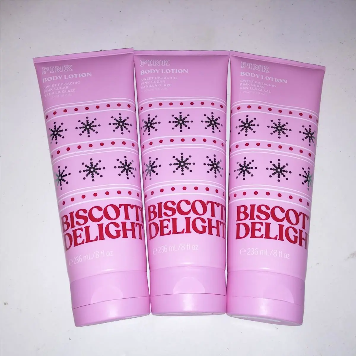 Set of 3 Victoria`s Secret Pink Body Lotion Biscotti Delight Gift Set Full Size