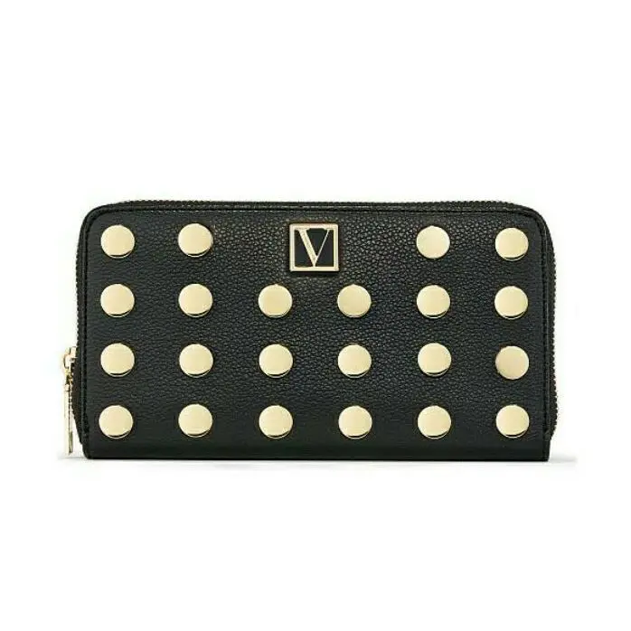 Victorias Secret Gold Studded Wallet Zip Around Black by Victoria's Secret